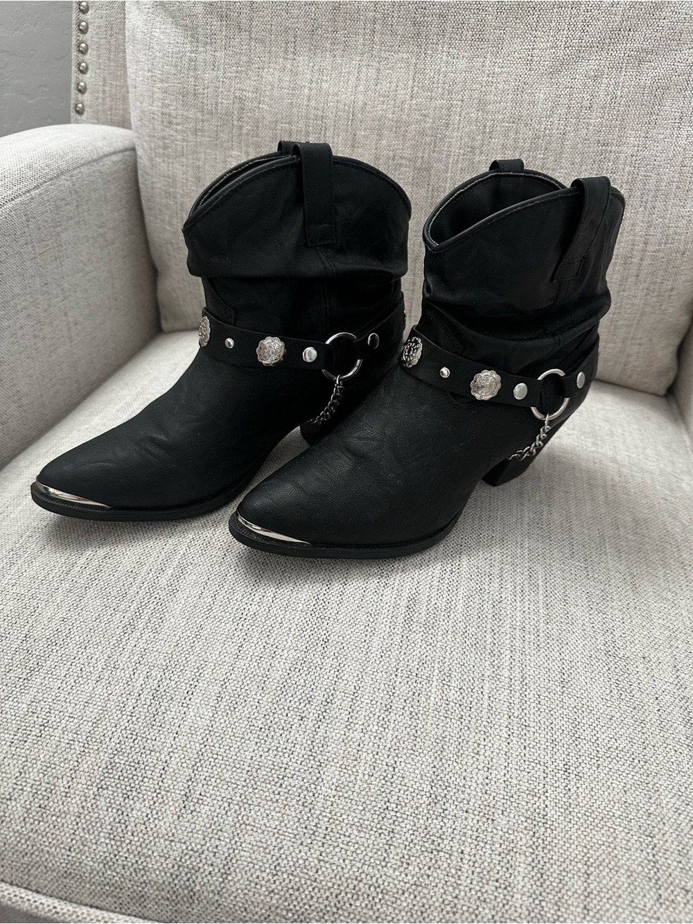 Black Dingo Western-Inspired Ankle Boots with Silver Concho Harness